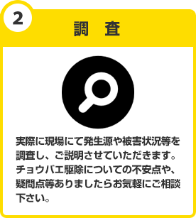 調査　実際に現場にて調査をさせていただきます。発生場所や、被害状況等をお調べ致します。チョウバエ駆除の現場を知り尽くしたスタッフが不安な点やご不明な点等、何でもお答え致します。お気軽にご相談下さい。