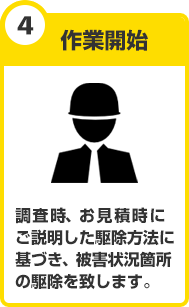 作業開始　調査時、お見積時にご説明した駆除方法に基づき、被害状況箇所の駆除を致します。