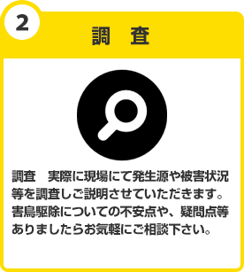 調査　実際に現場にて発生源や被害状況等を調査しご説明させていただきます。害虫駆除についての不安点や、疑問点等ありましたらお気軽にご相談下さい。