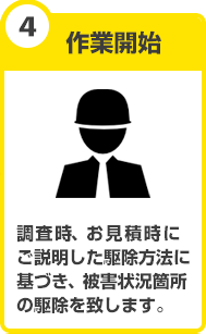 作業開始 調査時、お見積り時にご説明した駆除方法に基づき、被害状況箇所の駆除を致します。