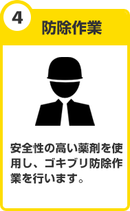 防除作業 安全性の高い薬剤を使用し、ゴキブリ防除作業を行います