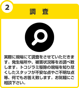 調査　実際に現場にて調査をさせていただきます。発生場所や、被害状況等をお調べ致します。トコジラミ駆除の現場を知り尽くしたスタッフが不安な点やご不明な点等、何でもお答え致します。お気軽にご相談下さい。